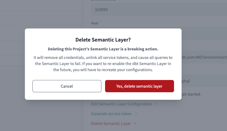 Delete the Semantic Layer configuration for a project.